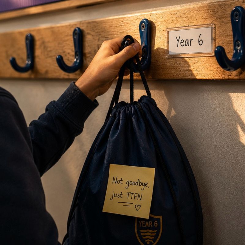 Year 6 coat hook with a bag labelled 'Not goodbye, just TTFN'