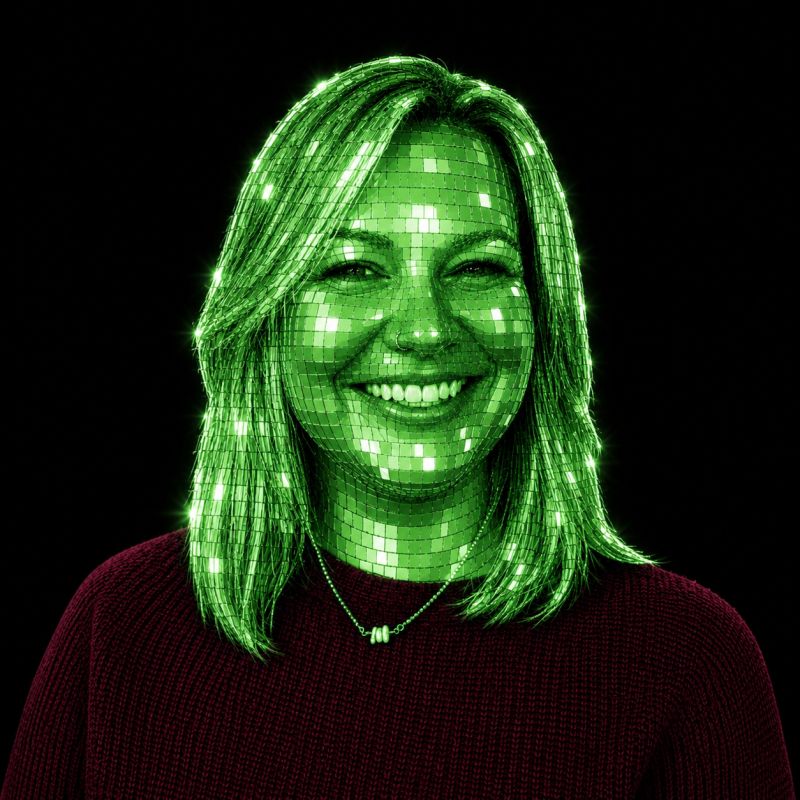 Caroline with a green digital mesh effect over her face